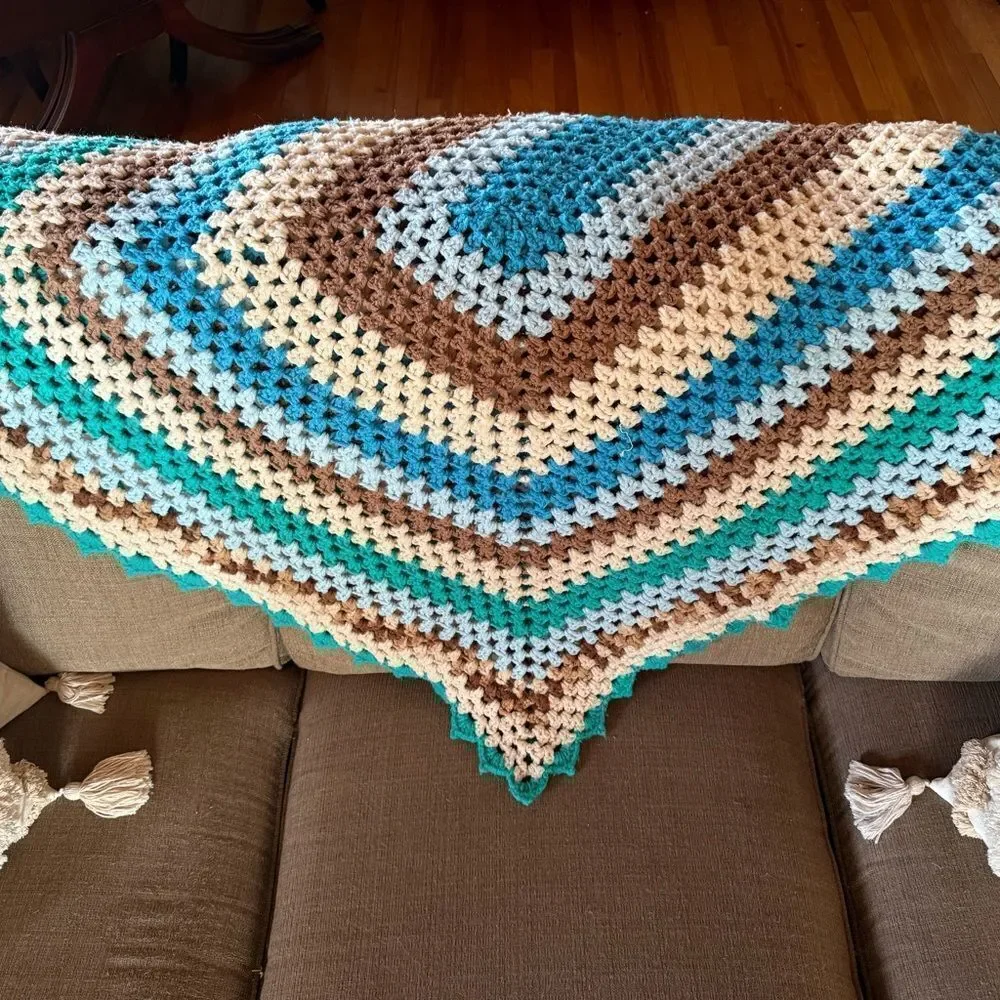 Vintage Handmade Hand Crochet Multicolor Throw Blanket Granny Afghan Grandma